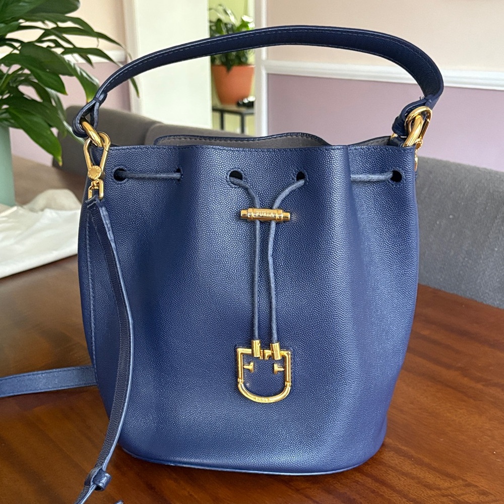 Furla Corona Blue Leather Bucket Bag